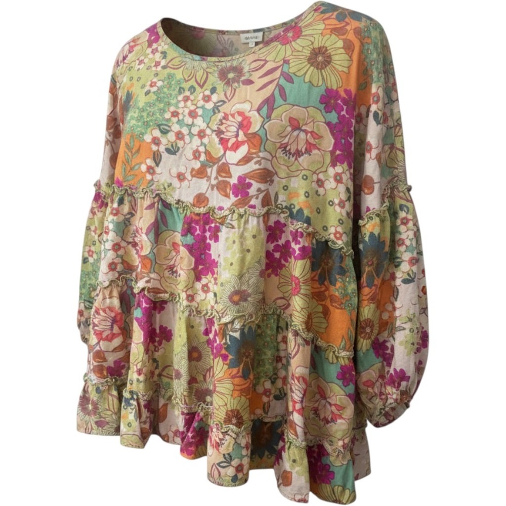 Easel colorful Floral Tiered Babydoll Tunic Top Boho Balloon Sleeve 1X